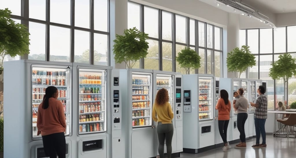 A brightly lit aisle lined with numerous vending machines on both sides, displaying various colorful items inside them. The machines have a modern, clean design, and the floor is carpeted. The ceiling has several spotlights and decorations with vibrant patterns are hanging overhead.