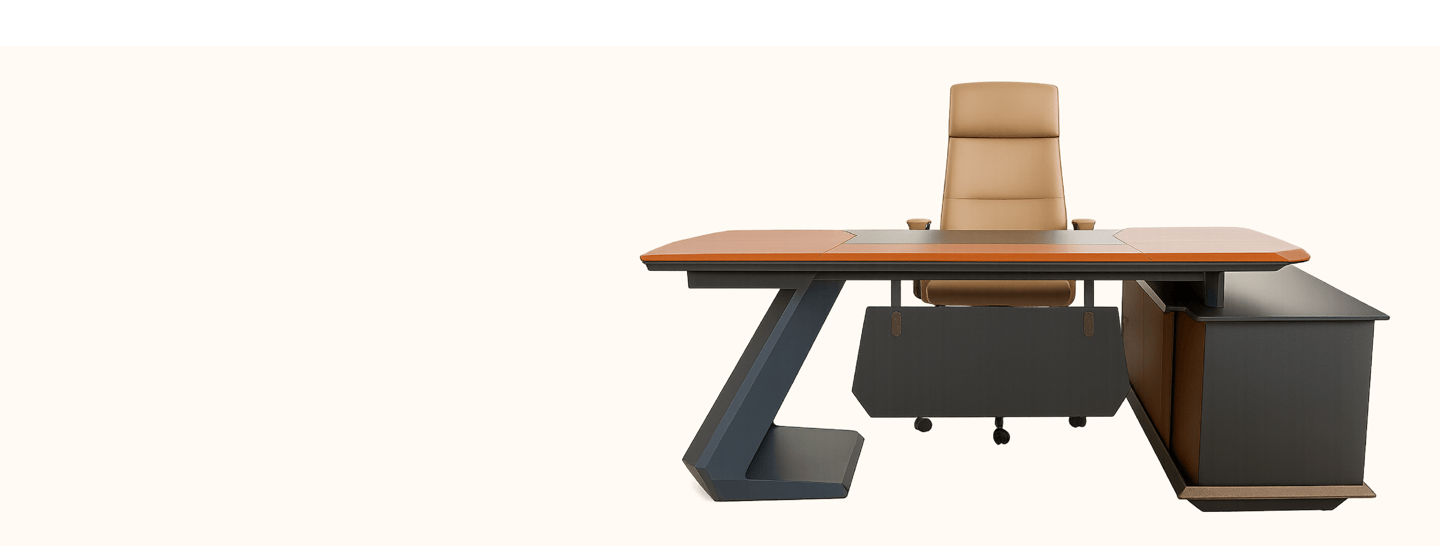 Modern executive office desk with a leather ergonomic chair and side storage cabinet.