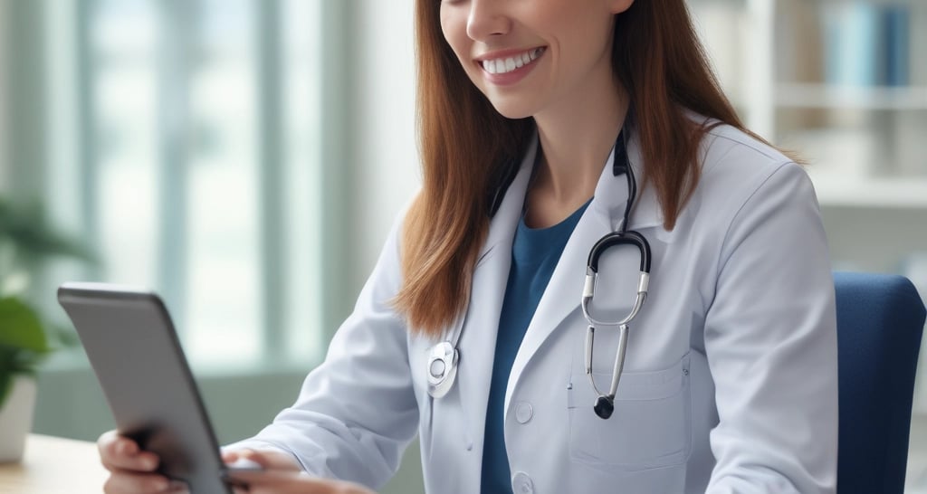 A warm, friendly doctor smiling during a video consultation with a patient at home.