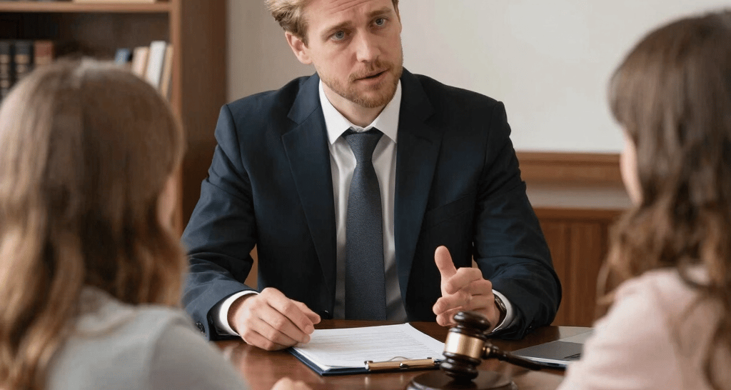Professional legal consulting meeting with a lawyer on the phone and a laptop displaying services.
