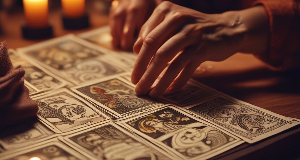 A serene portrait of Veronica Bifalco seated with tarot cards, surrounded by soft gold accents and a deep purple backdrop.