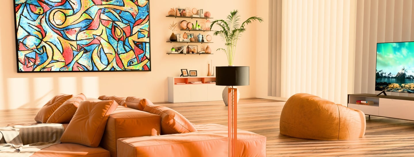 A 3D rendering of a vibrant, well-lit living room