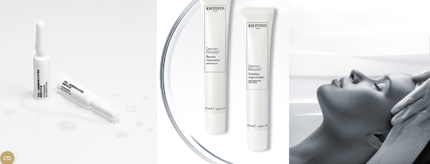 Sothys Dermo Booster kosmeceutinių produktų linija – serumas, ampulės ir drėkinamasis kremas.