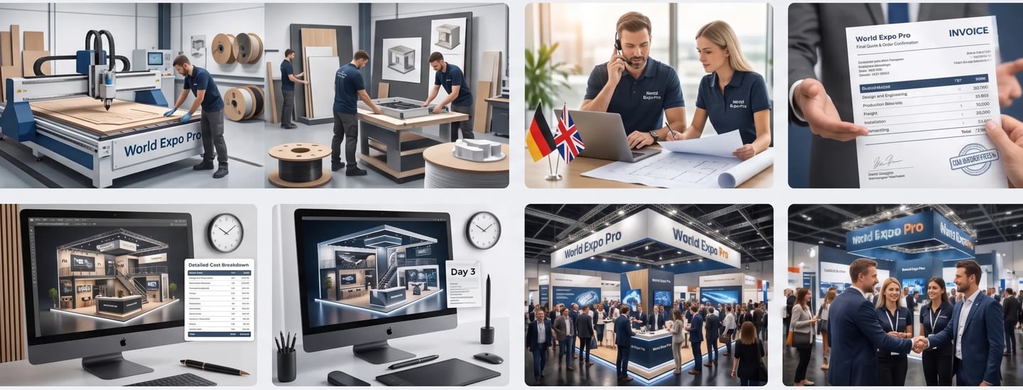 World Expo Pro turnkey exhibition stand services: from 3D design and wooden manufacturing to final trade show installation