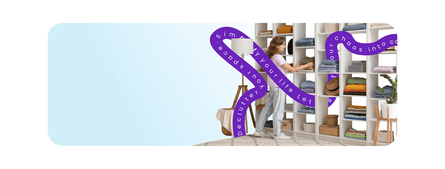 light blue to white gradient with woman organizing, purple line swirling around her