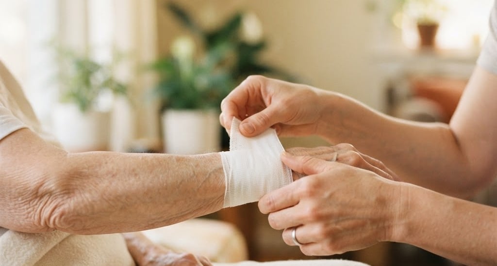 Close-up of a caregiver's hands gently wrapping a clean white bandage on an elderly person's arm, warm morning window light, shallow depth of field, rich cream tones, 35mm style