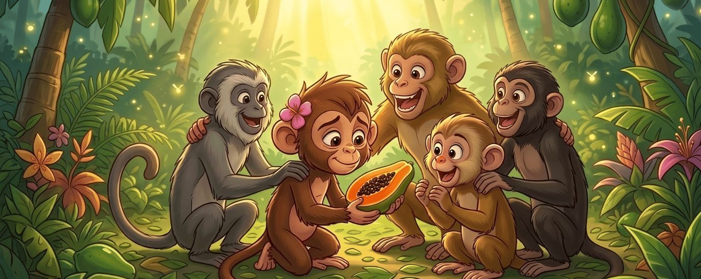 A group of cute cartoon monkeys sharing a fresh papaya in a lush tropical jungle setting.