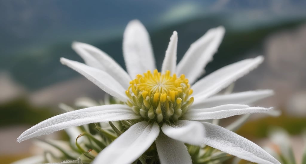 Close-up of a delicate edelweiss flower blooming amidst rugged alpine rocks under soft sunlight.