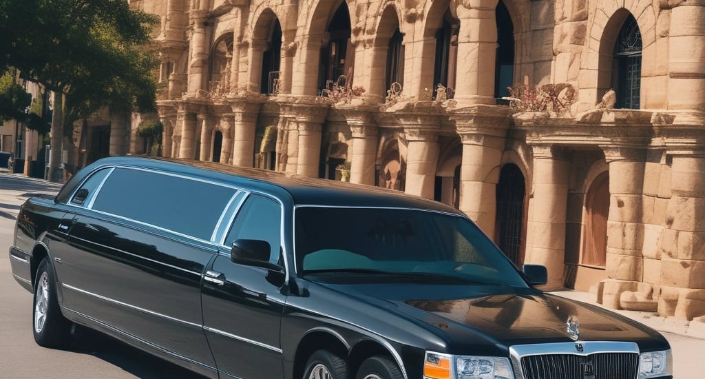 a limousine parked in front of a large building