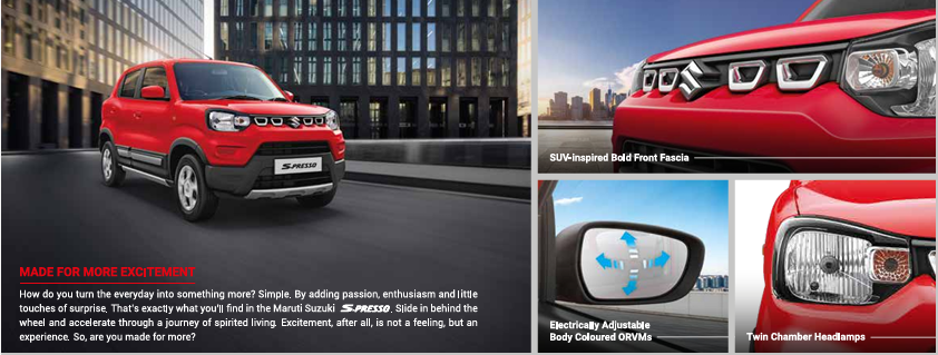 Red Maruti Suzuki S-Presso mini SUV featuring a bold front fascia, headlamps, and adjustable ORVMs.