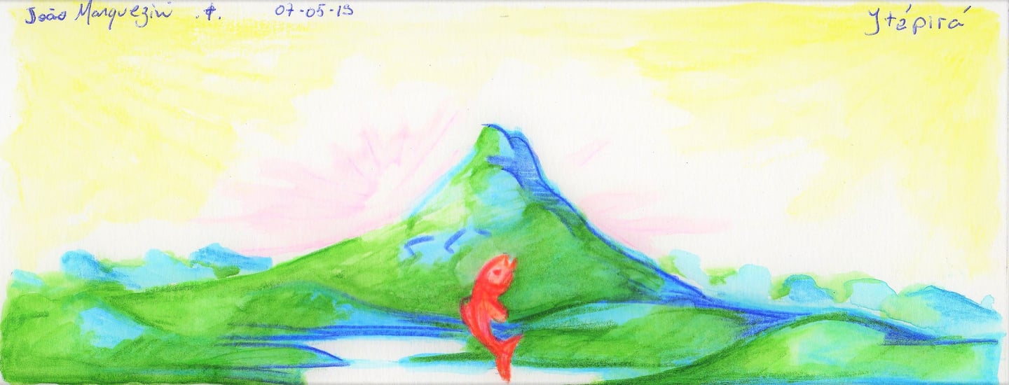 Desenho sobre Itapira, com montanhas azuladas, rio prateado e peixe vermelho, do jaum em 2019