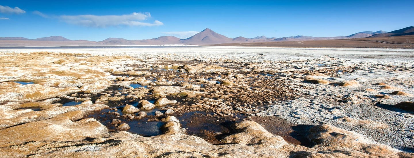 Paysage de sel devant le volcan Licancabur dans le Sud Lipez