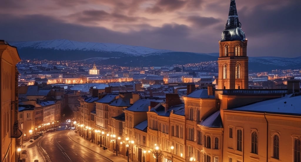 a church with a steeple lit up at night