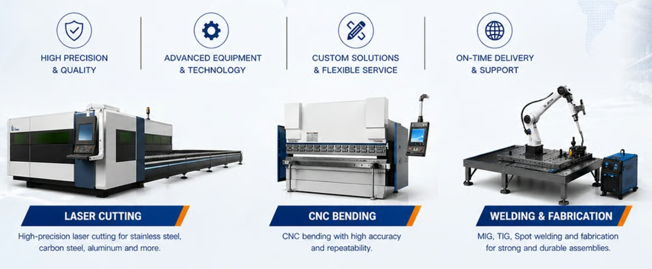 Precision metal fabrication services with laser cutting, CNC bending, and MIG/TIG/spot welding for manufacturing.