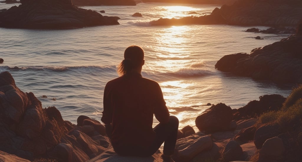 A traveler gazing at a sunset over a vast landscape, symbolizing exploration and discovery.