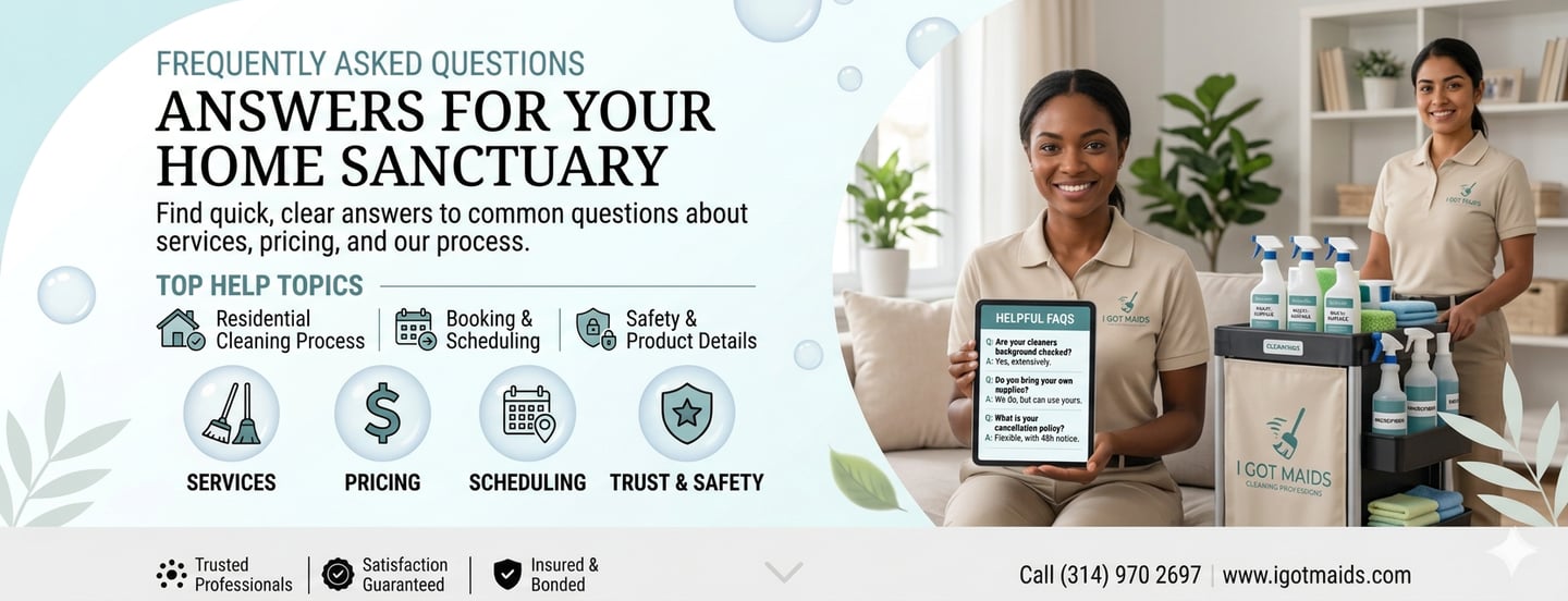 Professional house cleaners presenting FAQs for residential cleaning services and home maid scheduling.
