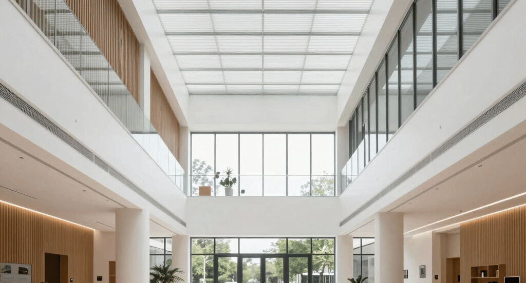 A bright, modern interior design office space with sleek furniture and warm lighting.