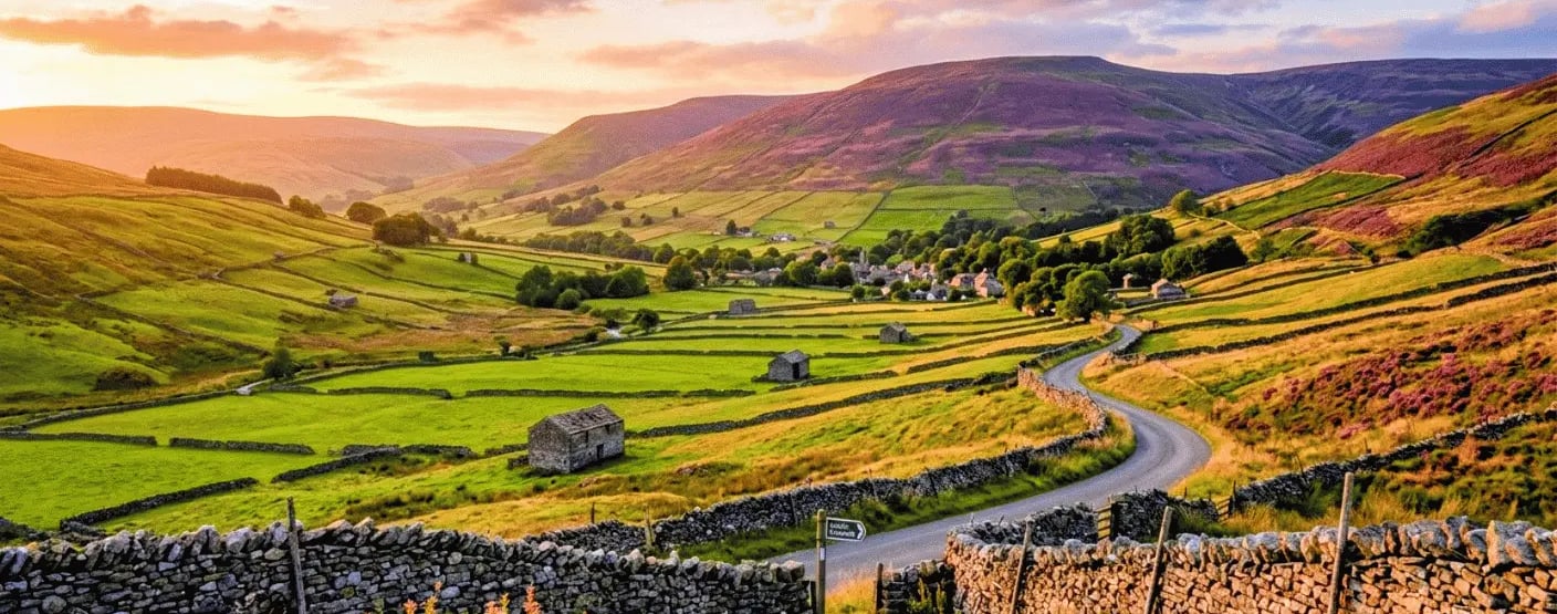  the countryside view of the Yorkshire Dales showing stone walls and stone barns