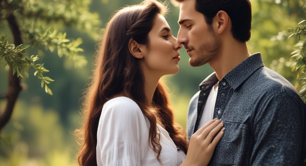 A romantic moment between a couple standing closely in a tranquil outdoor setting, partially obscured by a flowing white veil. The background is filled with lush green foliage and soft, diffused sunlight.