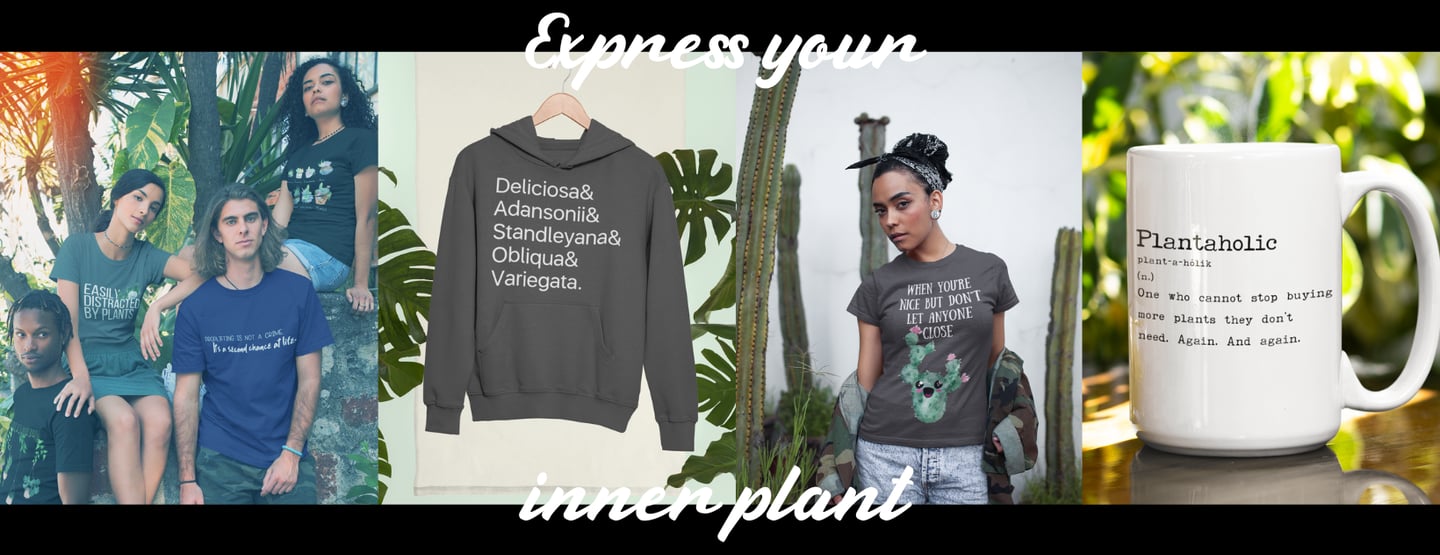 Plant lovers wearing Miss Chatty Plants shirts and hoodie with witty botanical plant parent designs