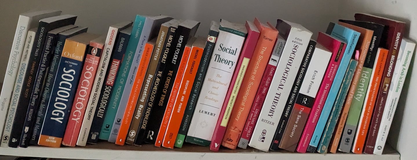 Academic books on social theory, sociological theory and sociology on a shelf.