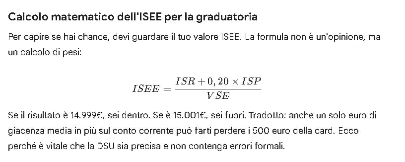 Formula matematica per il calcolo ISEE 2026 necessaria per ottenere la Carta Dedicata a Te"