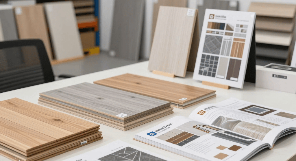 A professional team discussing building material samples in a bright office setting.