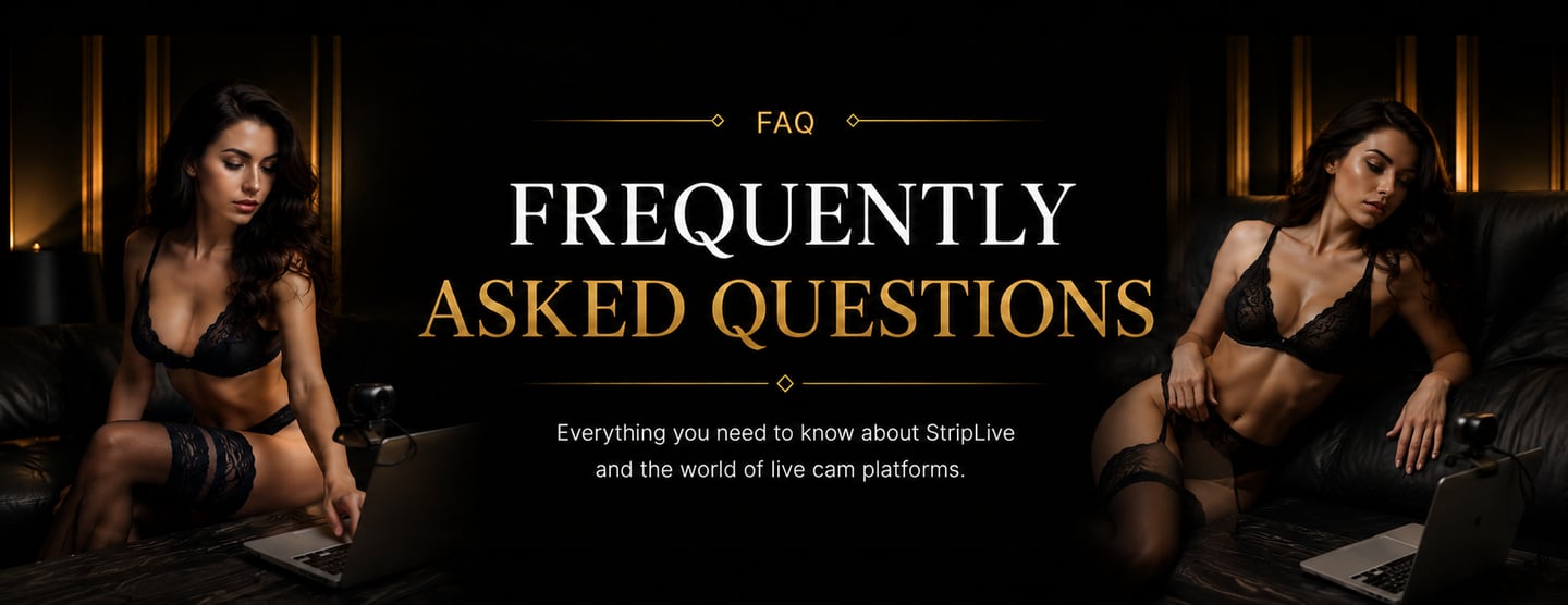 A frequently asked questions banner for StripLive featuring a brunette model in black lingerie with a laptop.