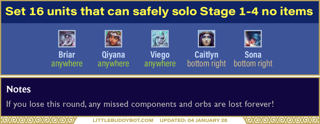 Teamfight Tactics TFT Set 16 Lore & Legends Units that can safely solo Stage 1 PvE without any items