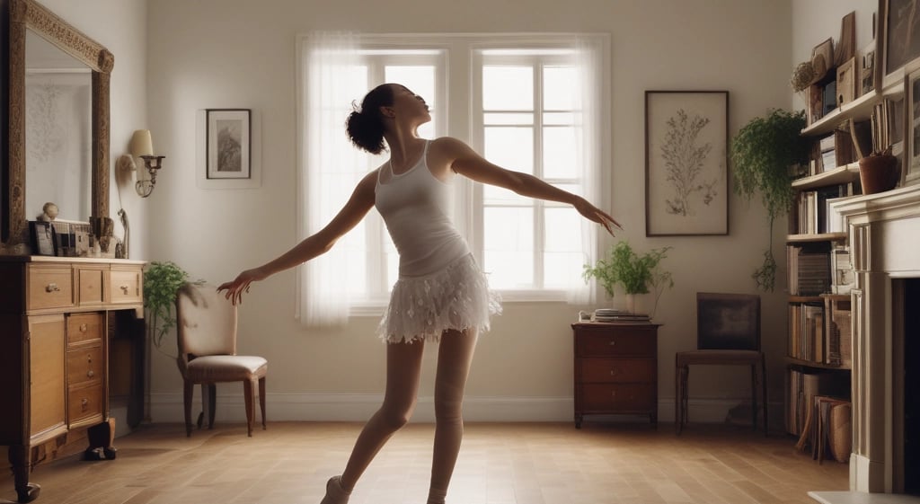 Une femme en robe blanche danse dans une pièce, prés de la fenêtre.