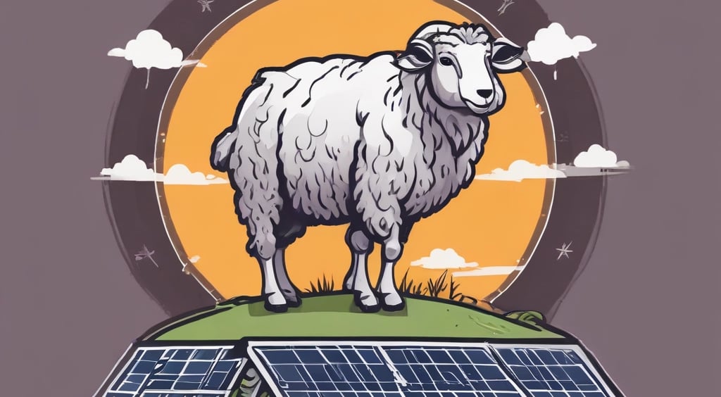 A lush green landscape with grazing deer on a grassy hillside, surrounded by dense forest and towering mountains. In the foreground, a series of solar panels is visible, indicating a harmonious blend of nature and technology.