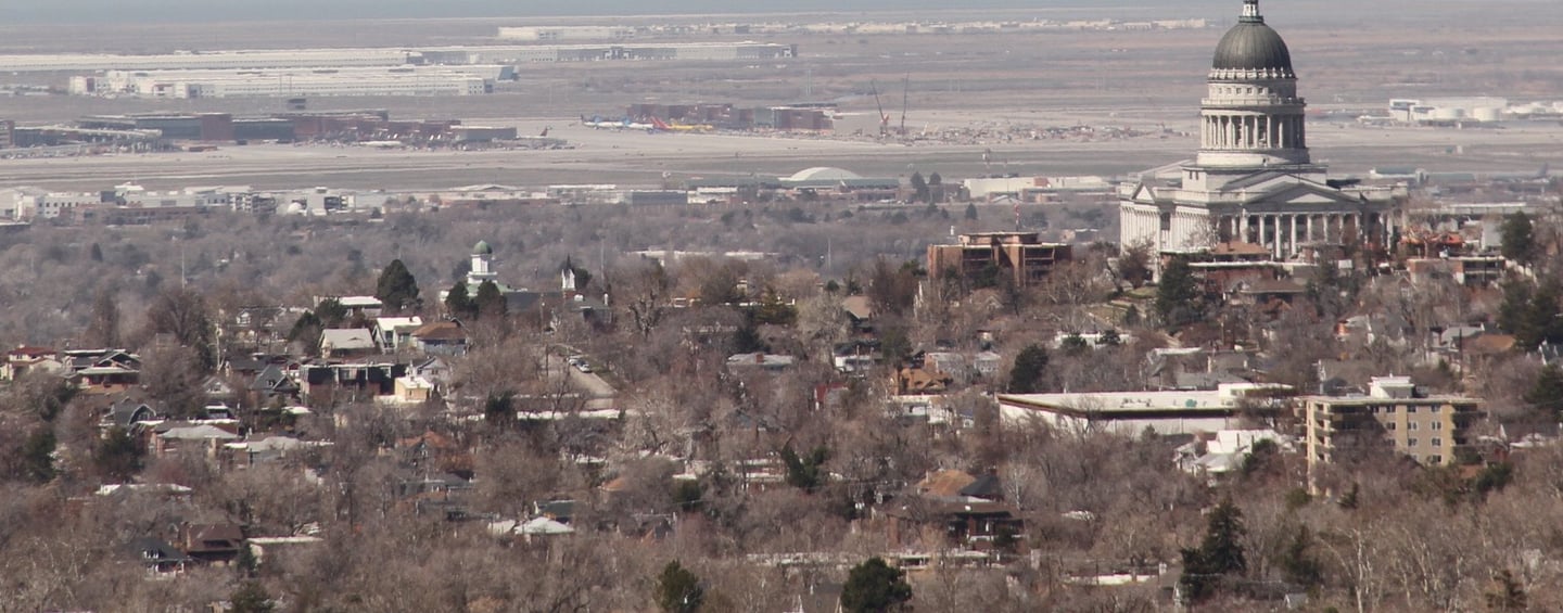 The Utah State Capital and SLC Airport with mountains in the background