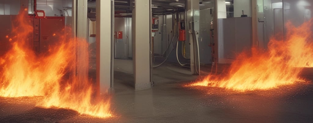 Technician inspecting fire extinguishers and emergency lighting equipment in a commercial building.