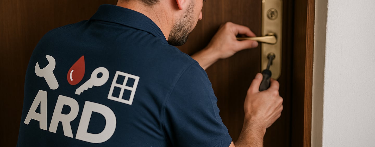 a man in a blue shirt is holding a key to a door