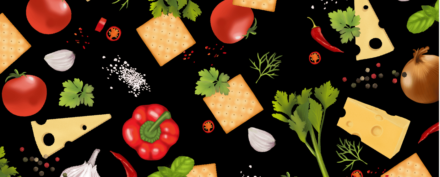 picture of cheese, tomatoes, onions, celery garlic, salt illustrations on black background