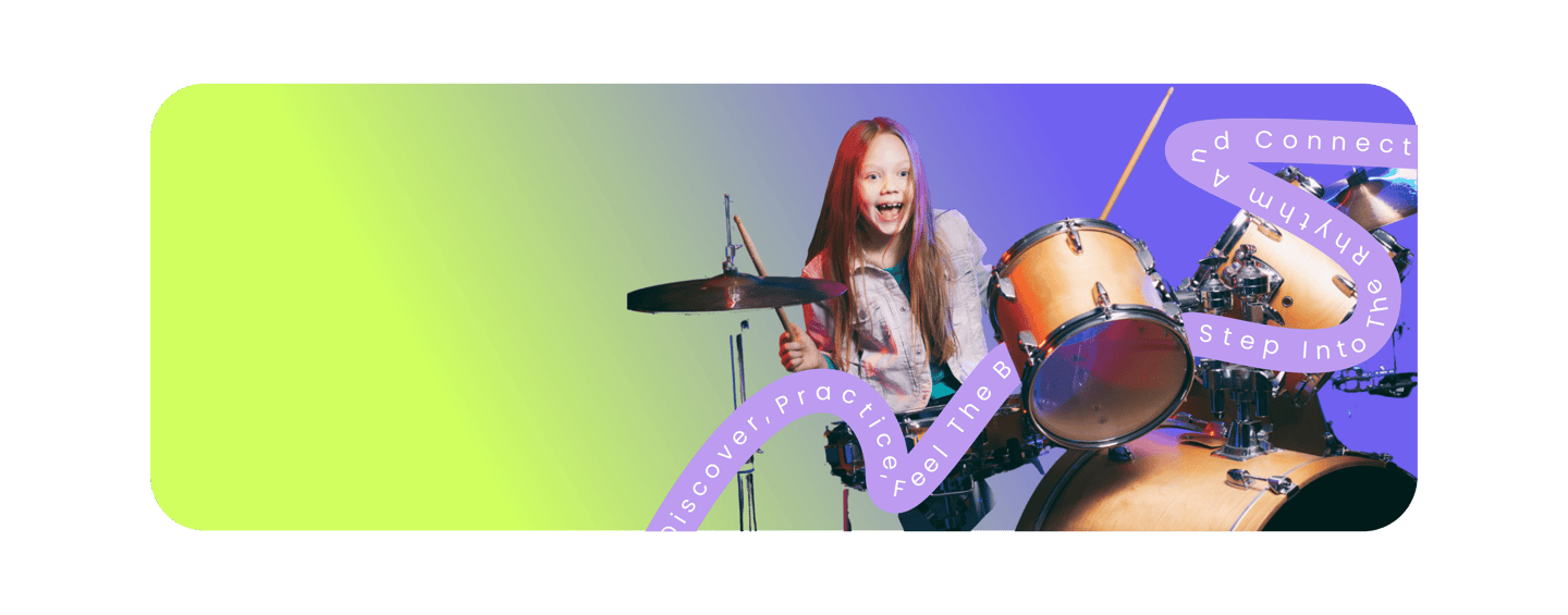 bright green to purple transition little girl playing drums with light purple lines around her