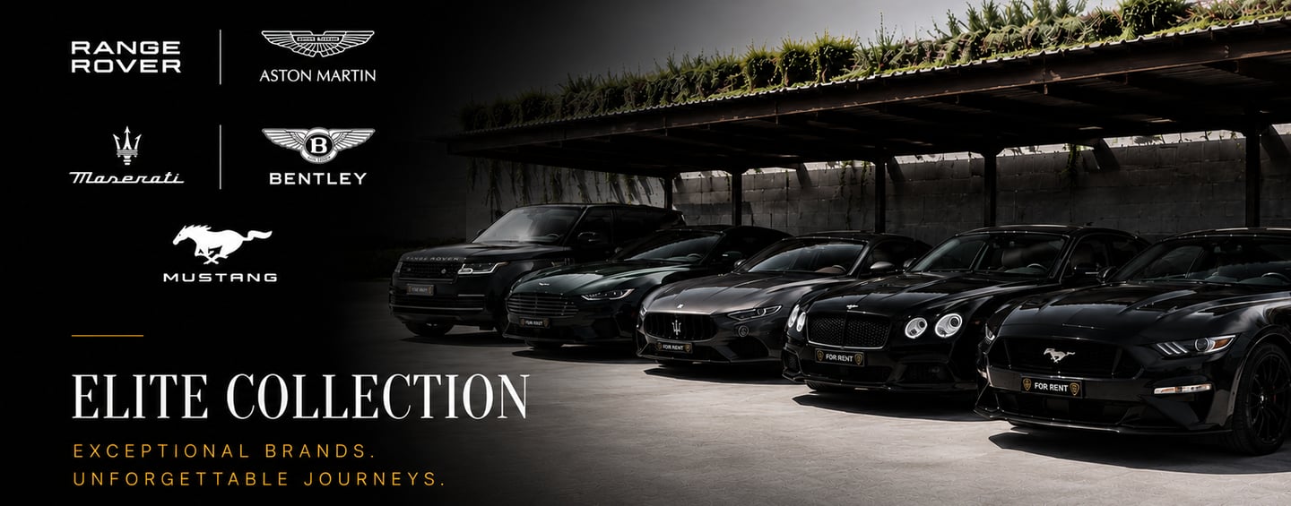 Elite collection of luxury rental cars including Range Rover, Aston Martin, and Mustang.