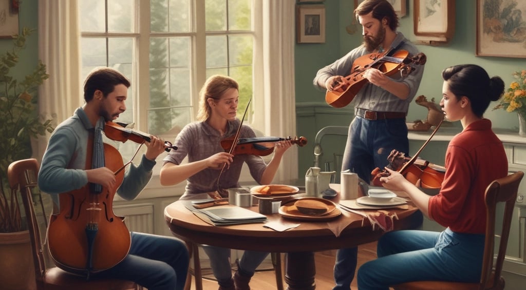 Musicians playing fiddles and flutes around a cozy pub table, immersed in Celtic tunes.