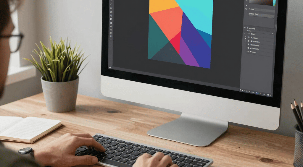 A creative workspace with a laptop, sketchbook, and camera, reflecting a graphic designer's environment.