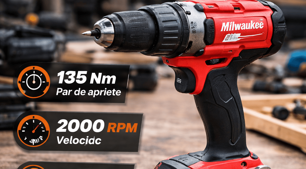 Milwaukee M18 FPD2 cordless hammer drill on a workbench with technical specs for torque and speed.
