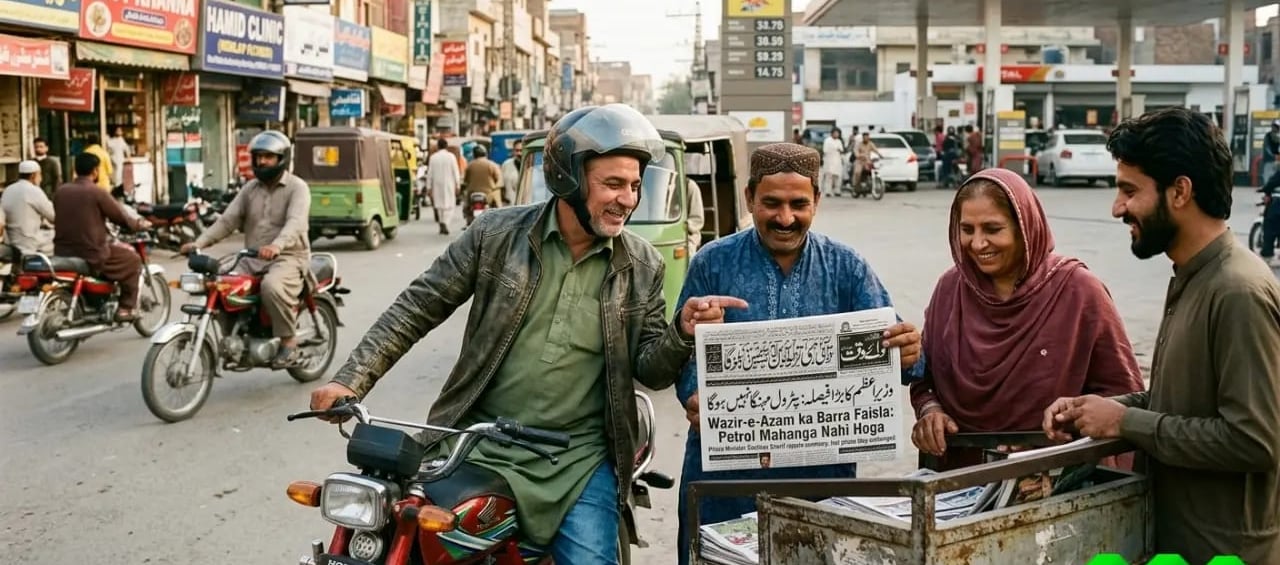 A group of Pakistani citizens at a newspaper stall feeling relieved after reading news "Petrol Mahanga Nahi Hoga"