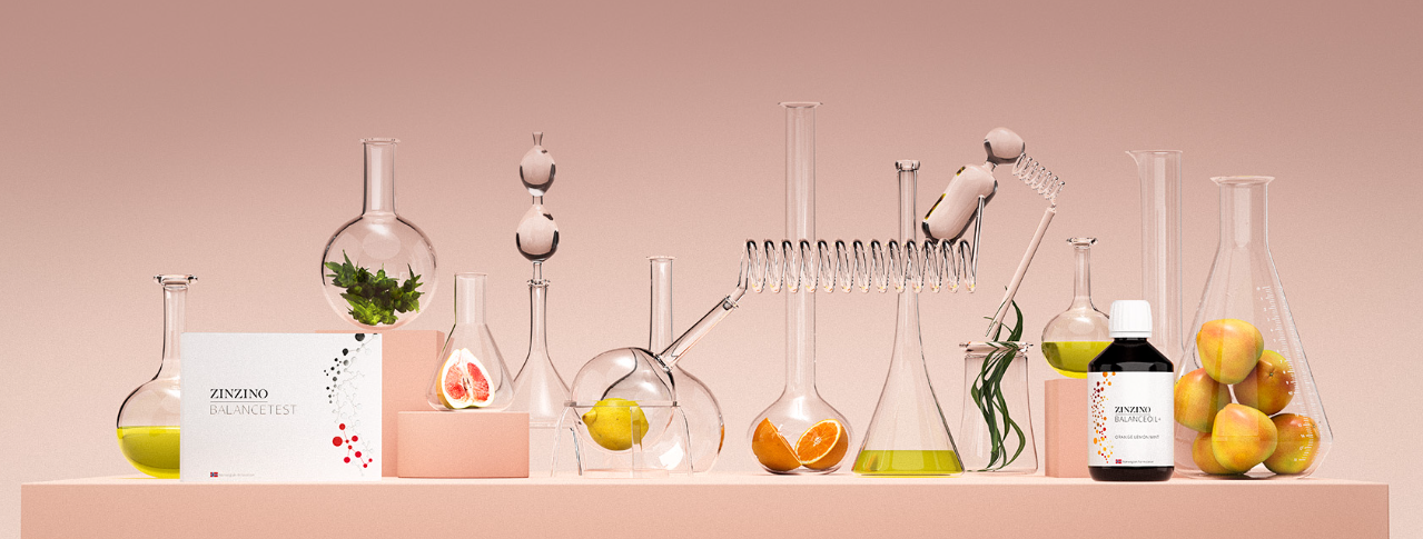 Zinzino BalanceOil and BalanceTest kits with laboratory glassware and fresh citrus fruits.