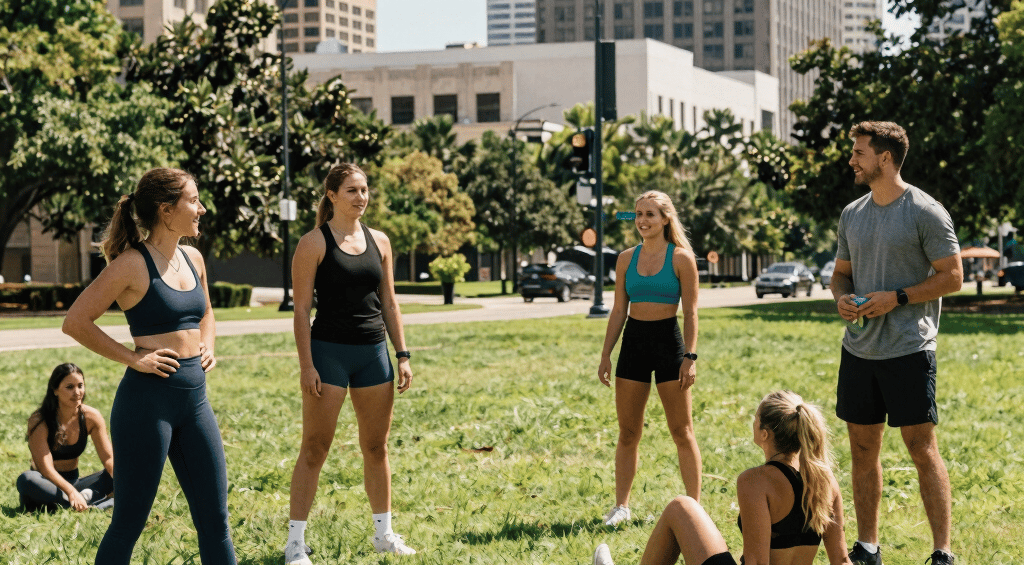 A diverse group of people engaging in gentle resistance training exercises in a bright, welcoming gym space.