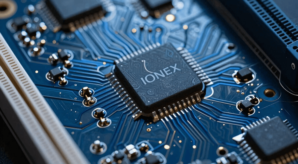 A close-up of an electronic circuit board, representing the advanced engineering inside IONEX products. High-tech, dark blue lighting. International / Global.