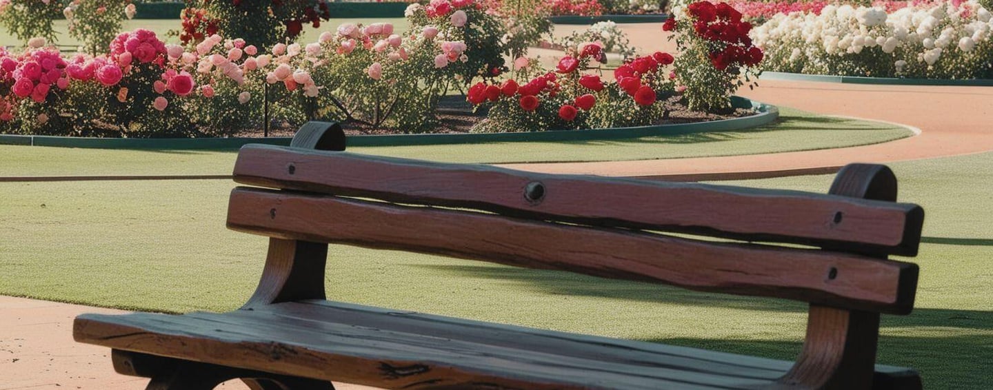 Park bench nestled in a vibrant rose garden.