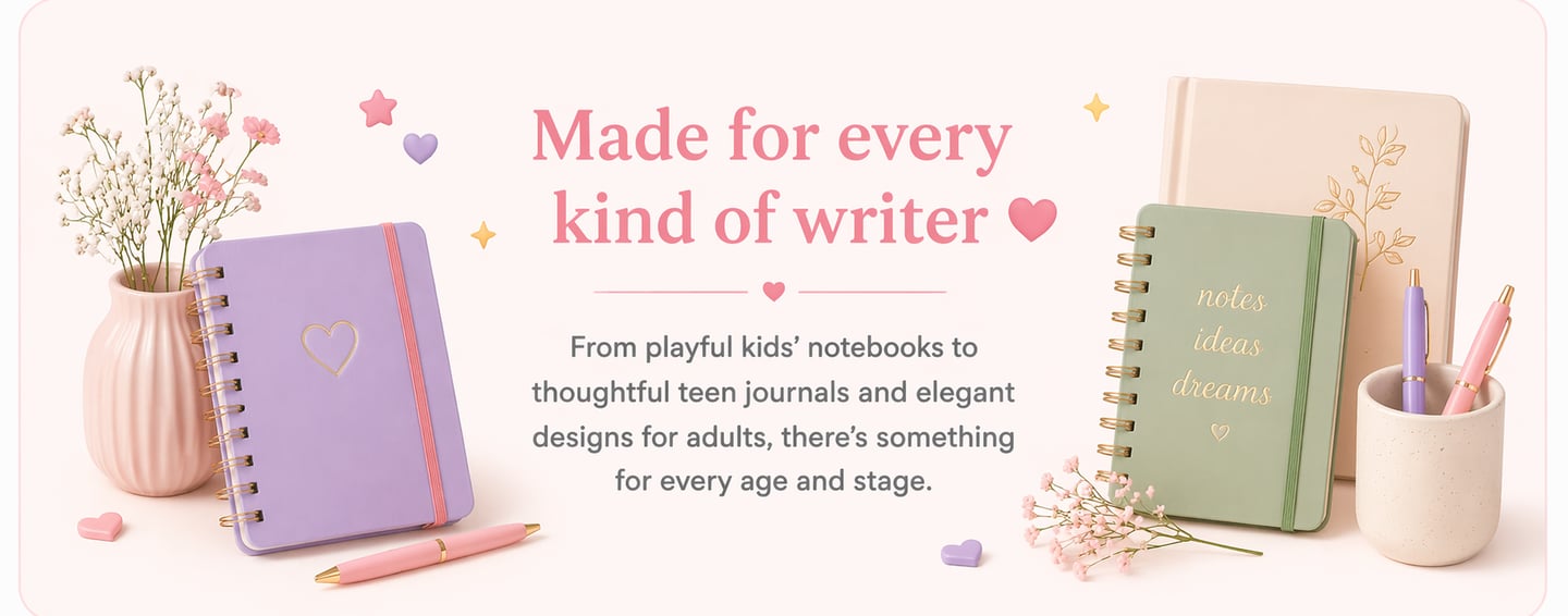 Collection of colorful notebooks and journals for kids and adults with floral accents and pens.