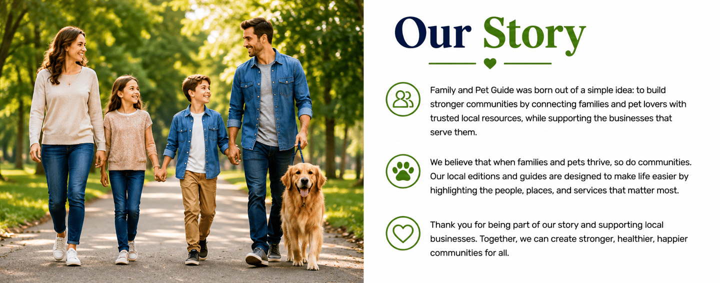 A happy family with two children and a golden retriever walking in a sunny park for the Family and Pet Guide.