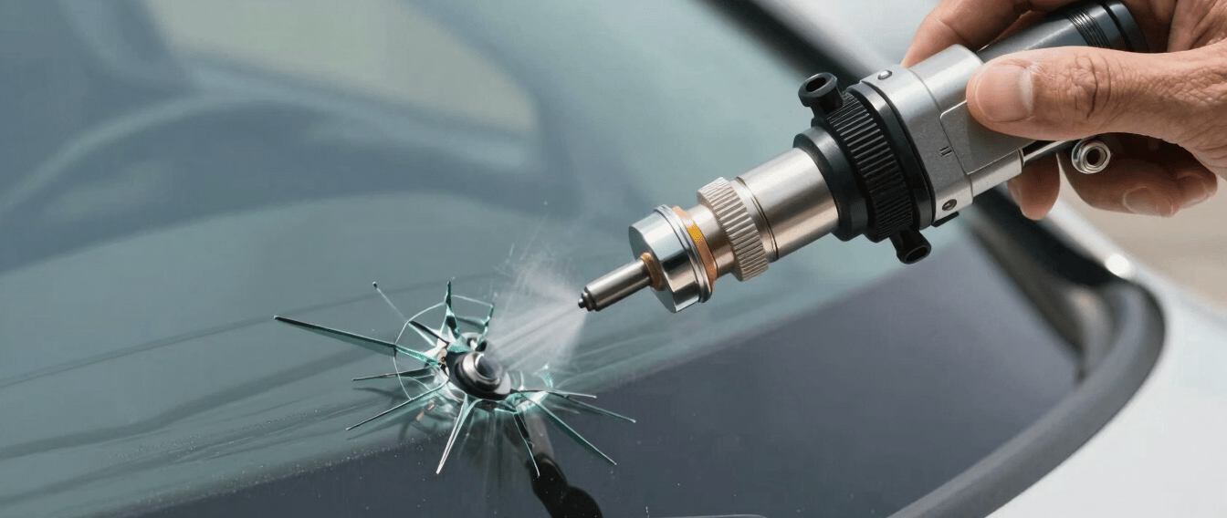 Close-up of a precision vacuum pump tool sealed against a car windshield, extracting air from a glass crack, bright daylight, professional hand visible