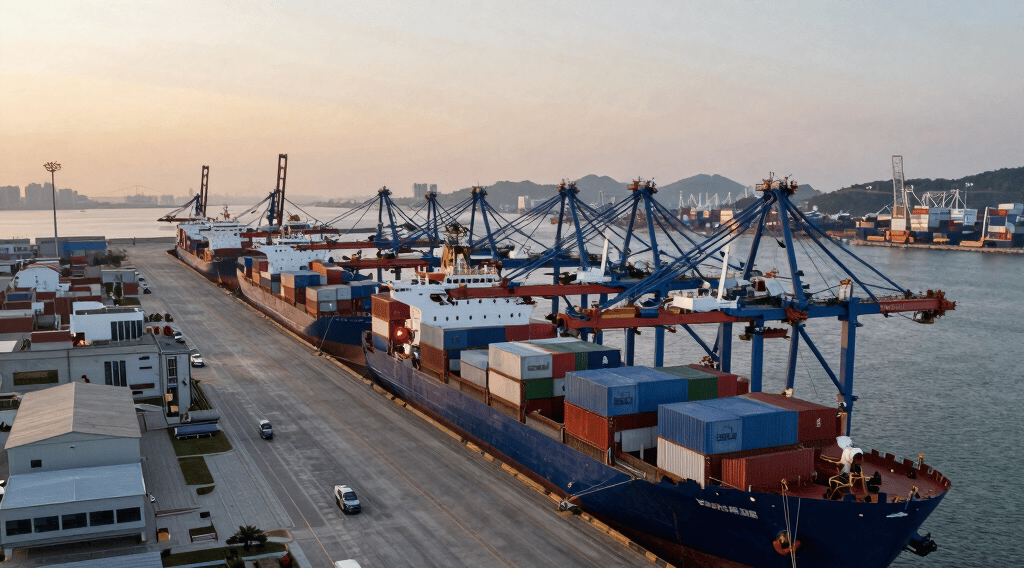 A modern refinery with sleek pipes and glowing flames under a bright sky symbolizing advanced energy transformation.