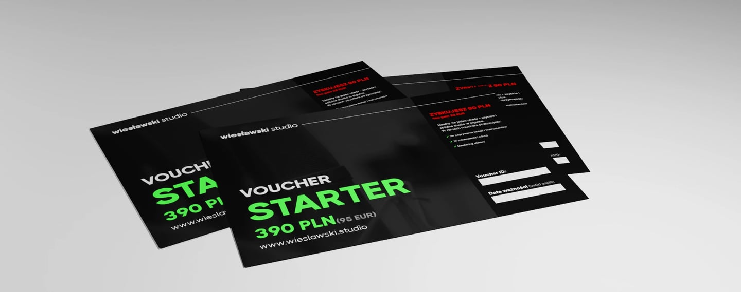 zdjęcie trzech Voucherów Starter o kwocie 390 PLN 95 EUR w Wiesławski Studio wraz z opisem korzyści